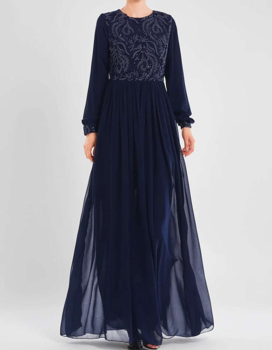 Navy blue evening gown with lace top on a white background