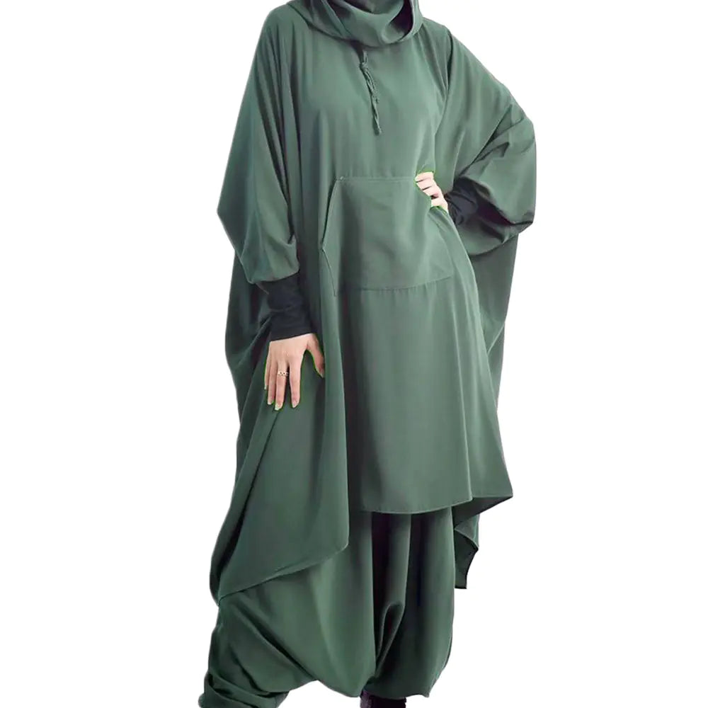 Muslim Women's Loose Solid Color Two-Piece Set with Hijab