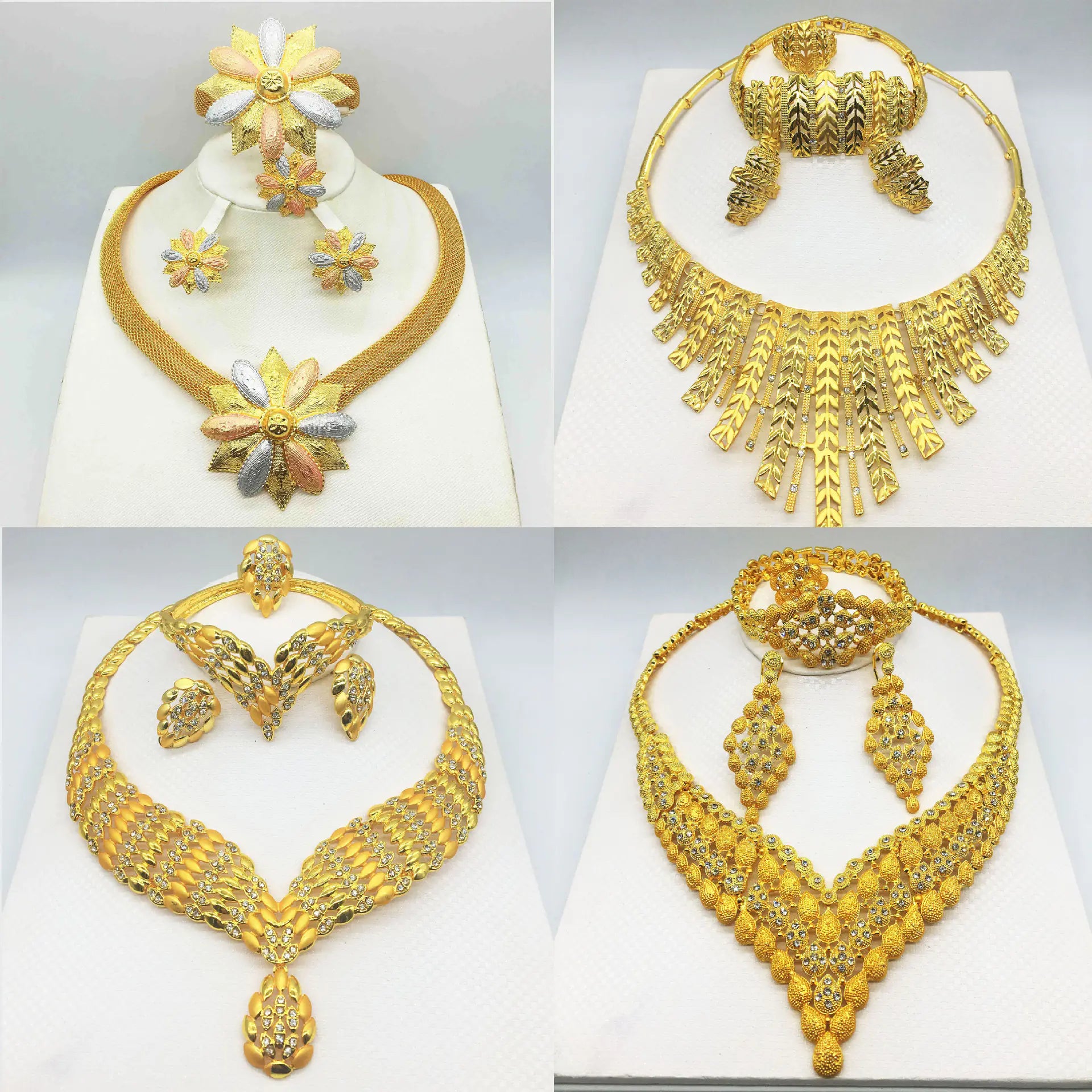24K Gold-Plated Jewelry Set: Necklace, Bracelet, Ring, Earrings