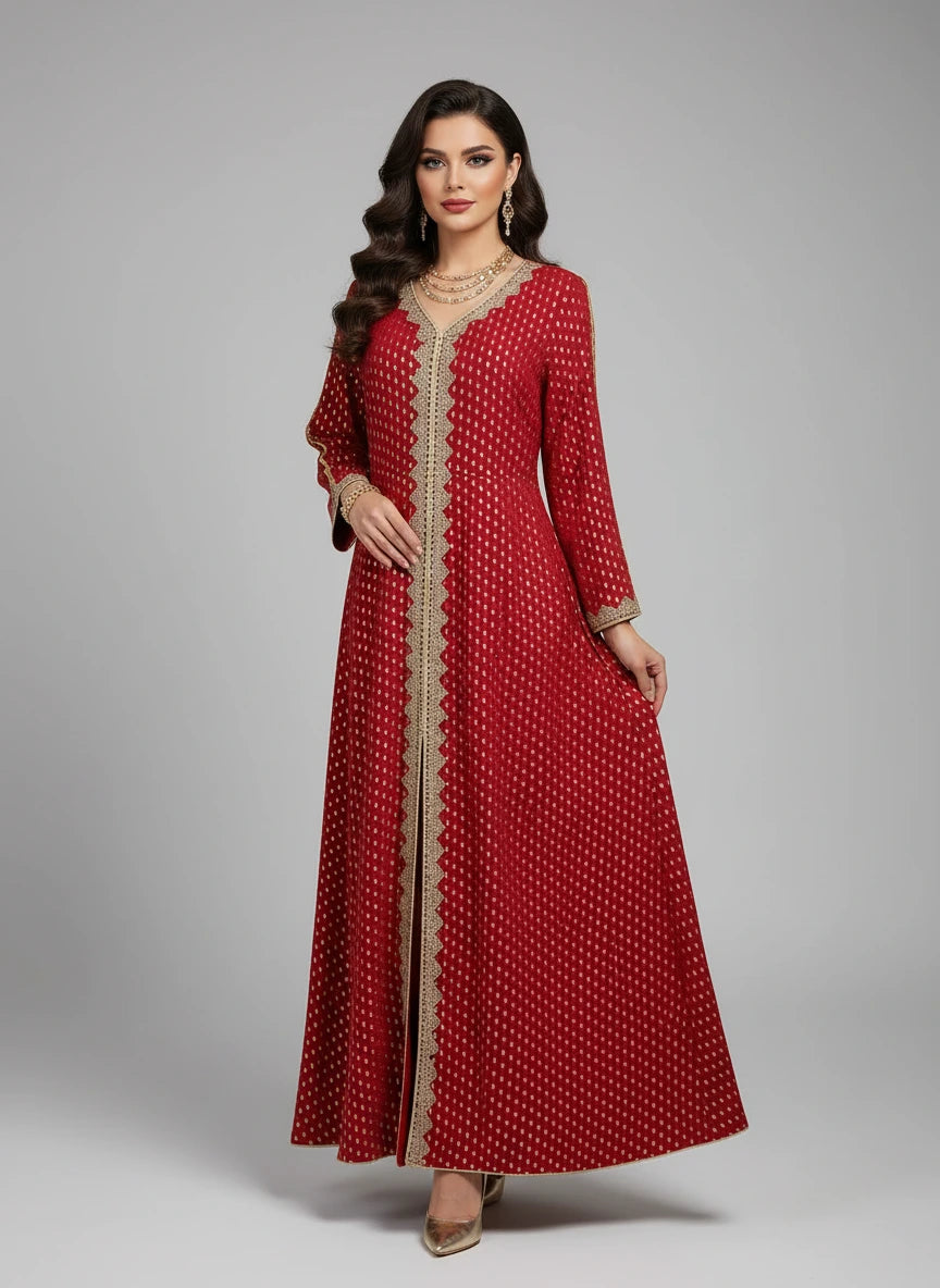 Red dress with gold detailing on a mannequin against a white paneled wall.