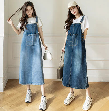Plus Size Denim Overall Dress for Women (Mid-Length)