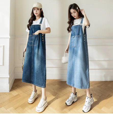 Plus Size Denim Overall Dress for Women (Mid-Length)