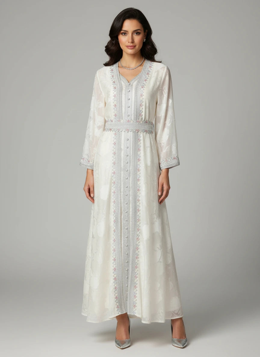 White dress with lace details on a mannequin against an ornate pink wall.