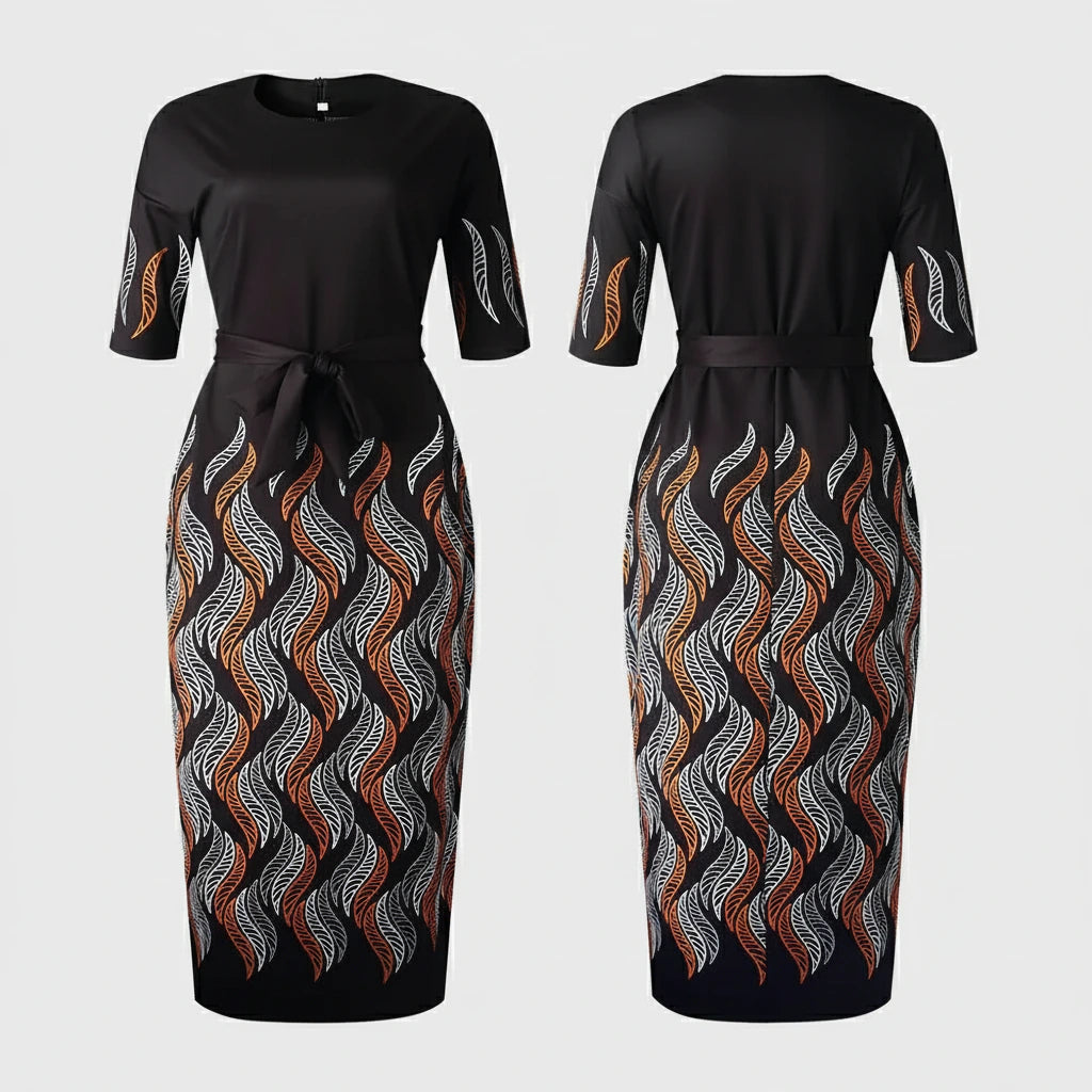 Black dress with wavy pattern on a white background
