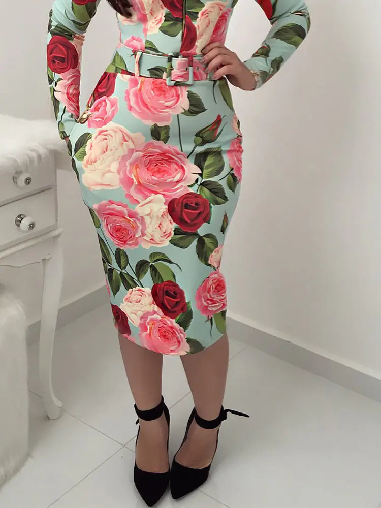 Floral Fitted Midi Dress with Elegant Design