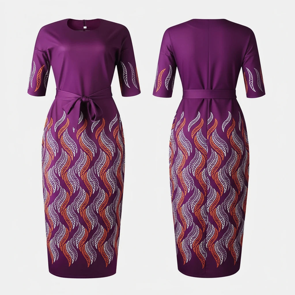 Purple dress with wavy pattern on a white background