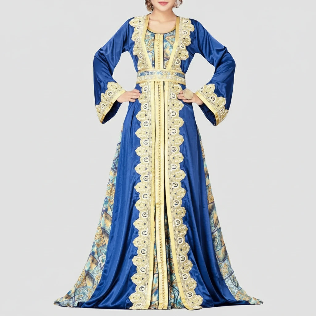 Blue dress with gold embroidery on a white background