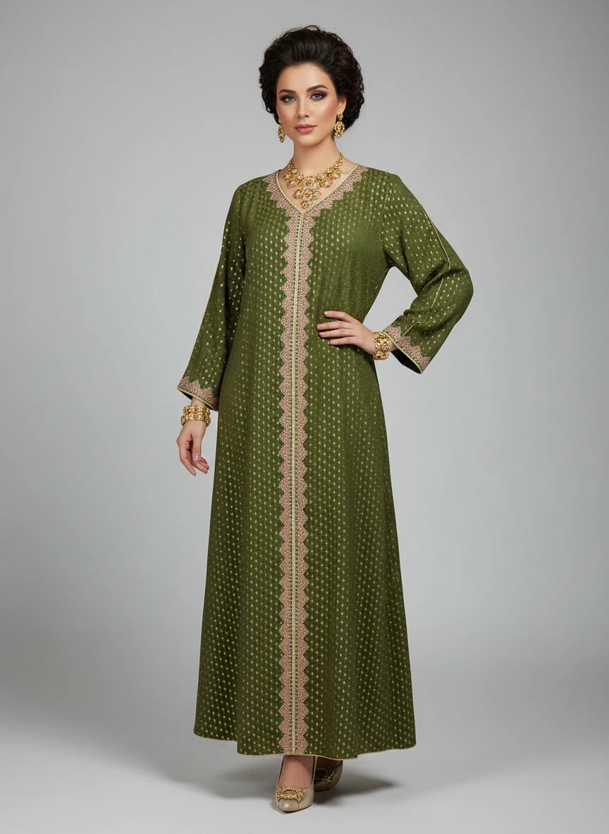 Green dress with beige patterns on a mannequin against a white paneled wall.