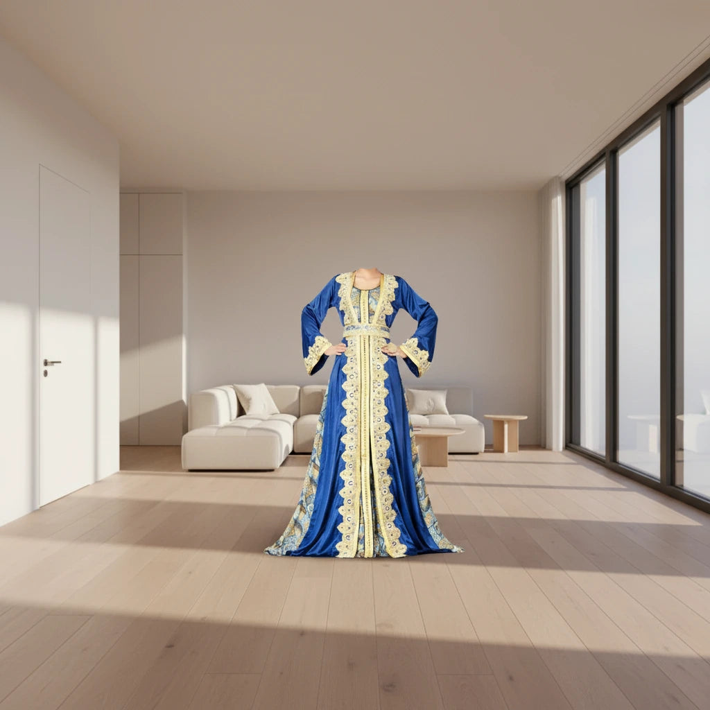 Blue and yellow dress on a mannequin in a modern room with large windows.