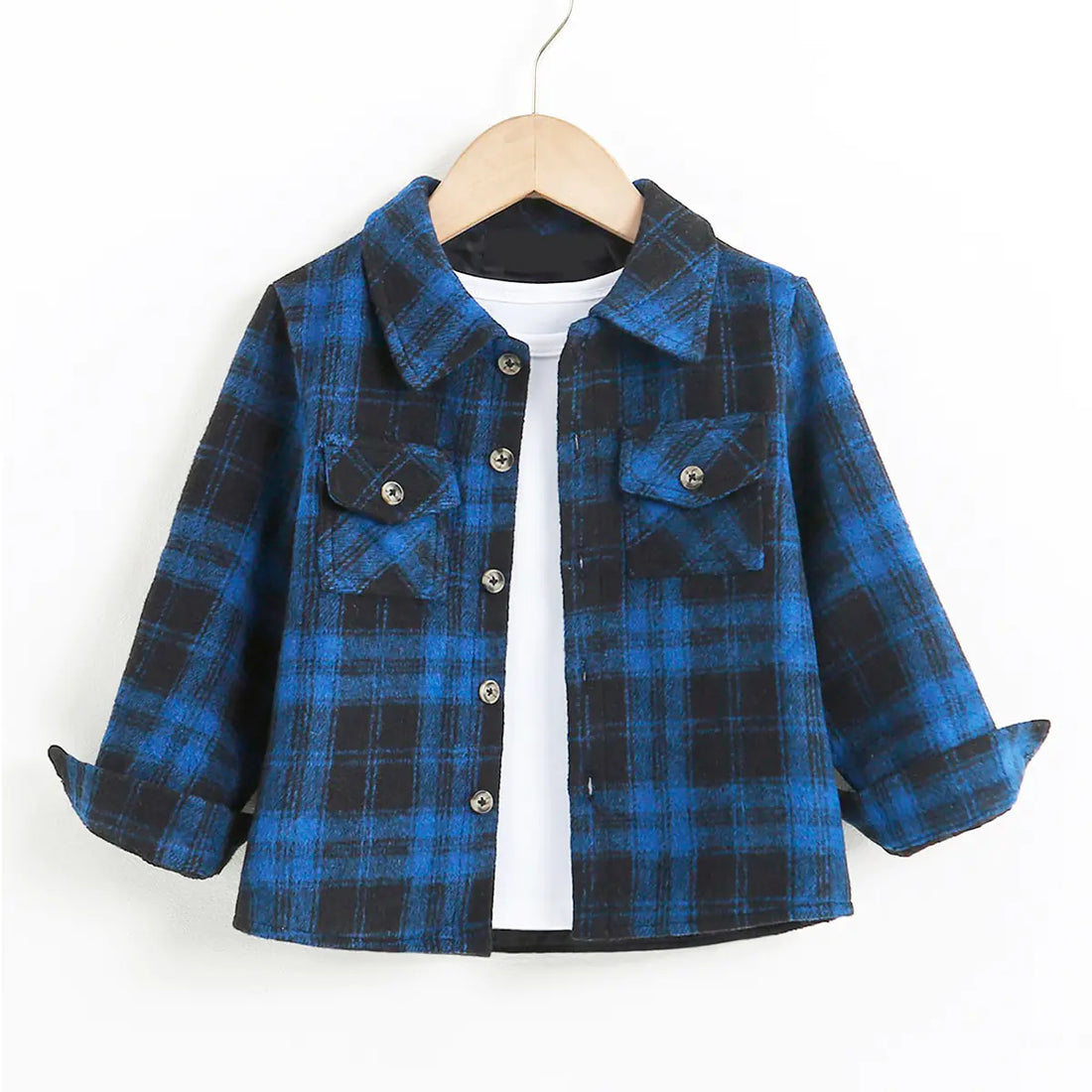 Autumn Winter Blue Plaid Flannel Shirt for Kids