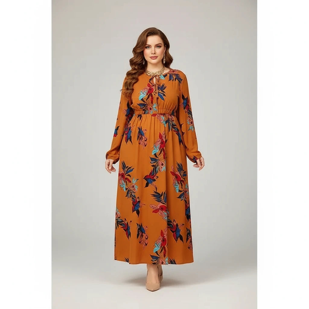 Woman wearing a mustard yellow dress with floral patterns and a straw hat against a beige background.