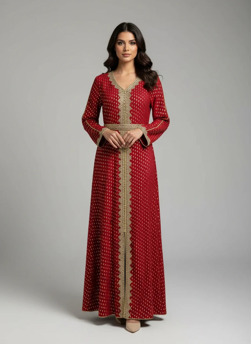 Red dress with gold detailing on a mannequin against a white paneled wall.