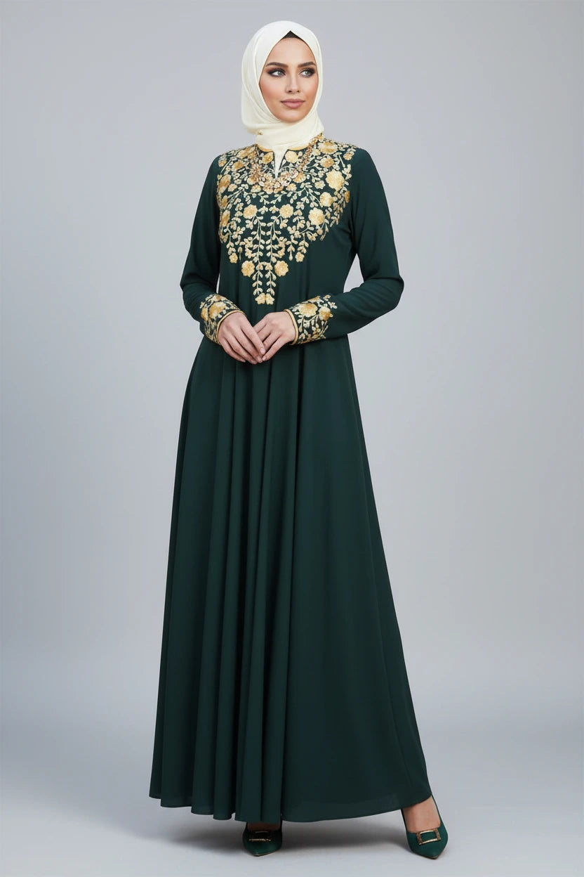 Woman wearing a dark green dress with gold embroidery in an outdoor setting.
