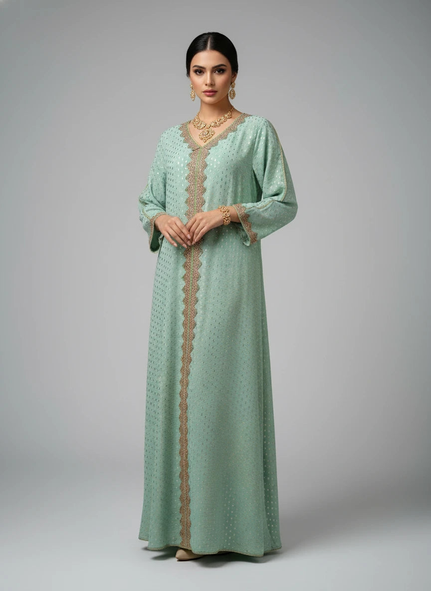 Green dress with gold embroidery on a mannequin against a white paneled wall.