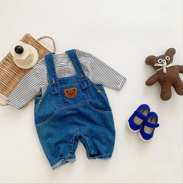 Cartoon Denim Overalls with Bear Design (One Piece)