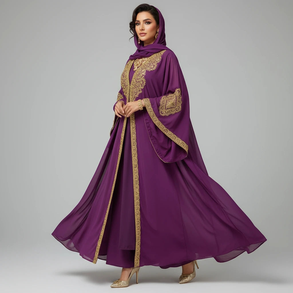 Woman wearing a purple dress with gold embroidery on a gray background