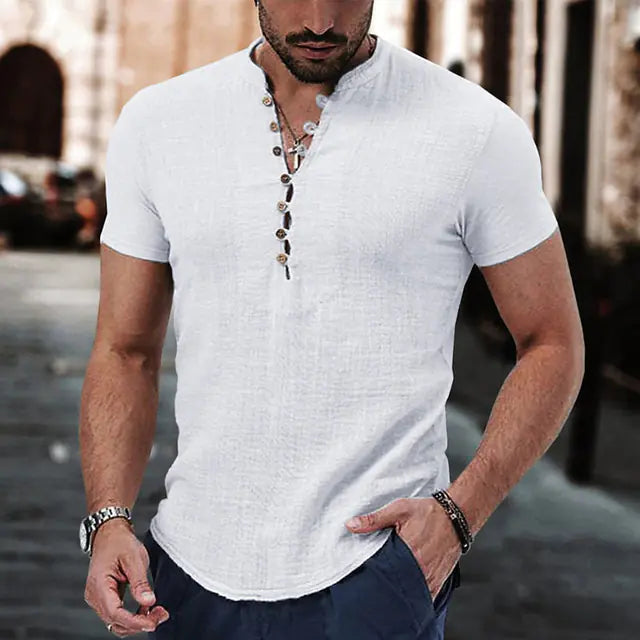 2023 Men's Casual V-Neck Button Short Sleeve Shirt
