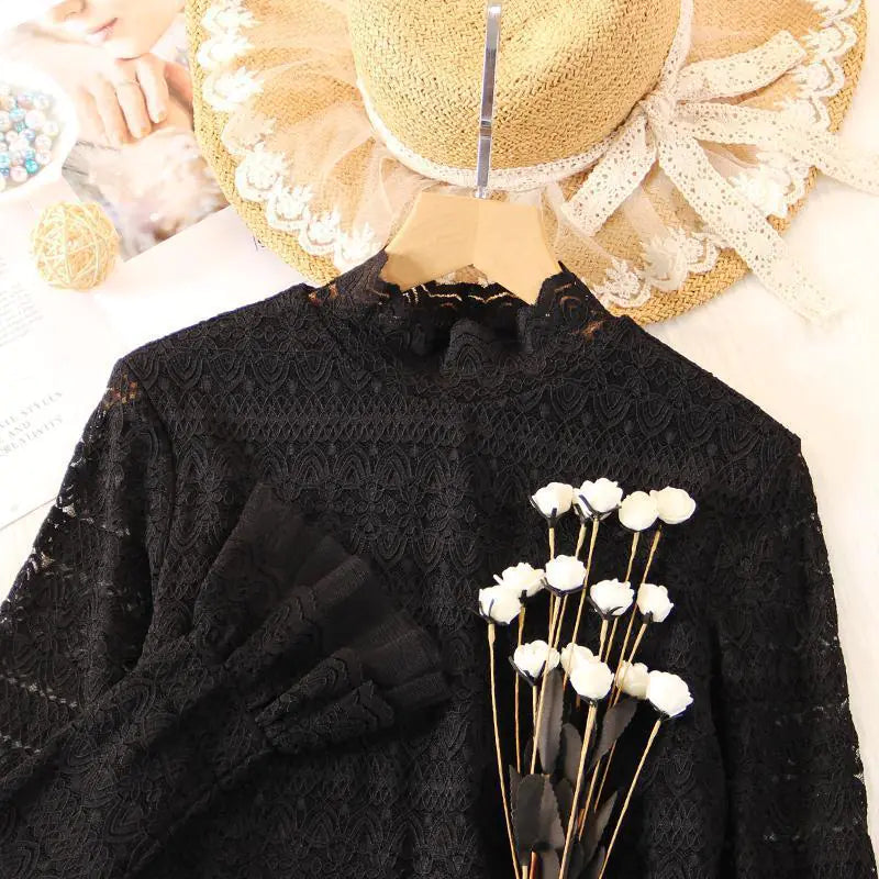 High Neck Lace Bottoming Shirt with Velvet Mesh for Women