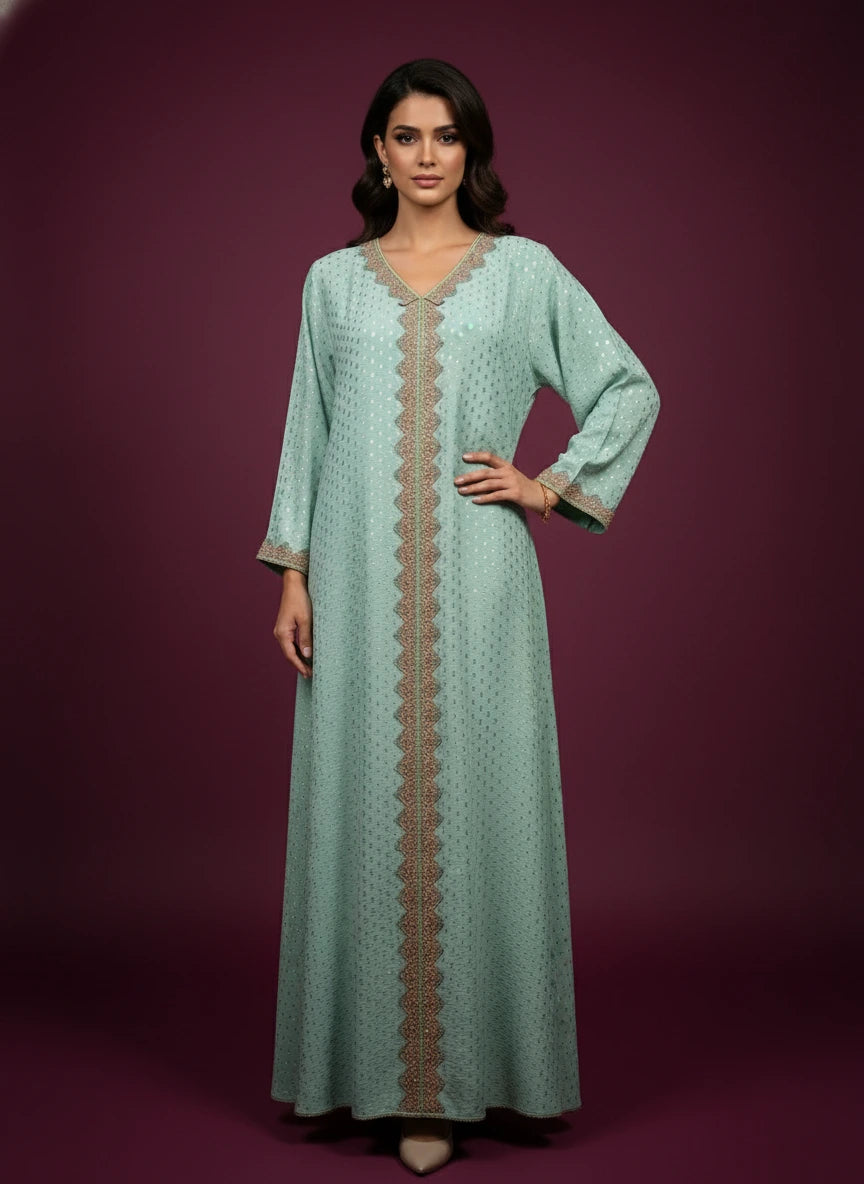 Green dress with gold embroidery on a mannequin against a white paneled wall.