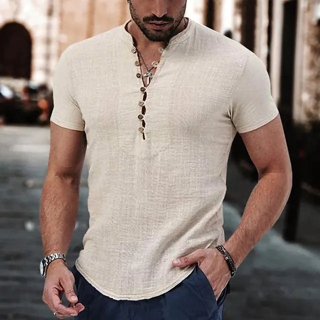 2023 Men's Casual V-Neck Button Short Sleeve Shirt