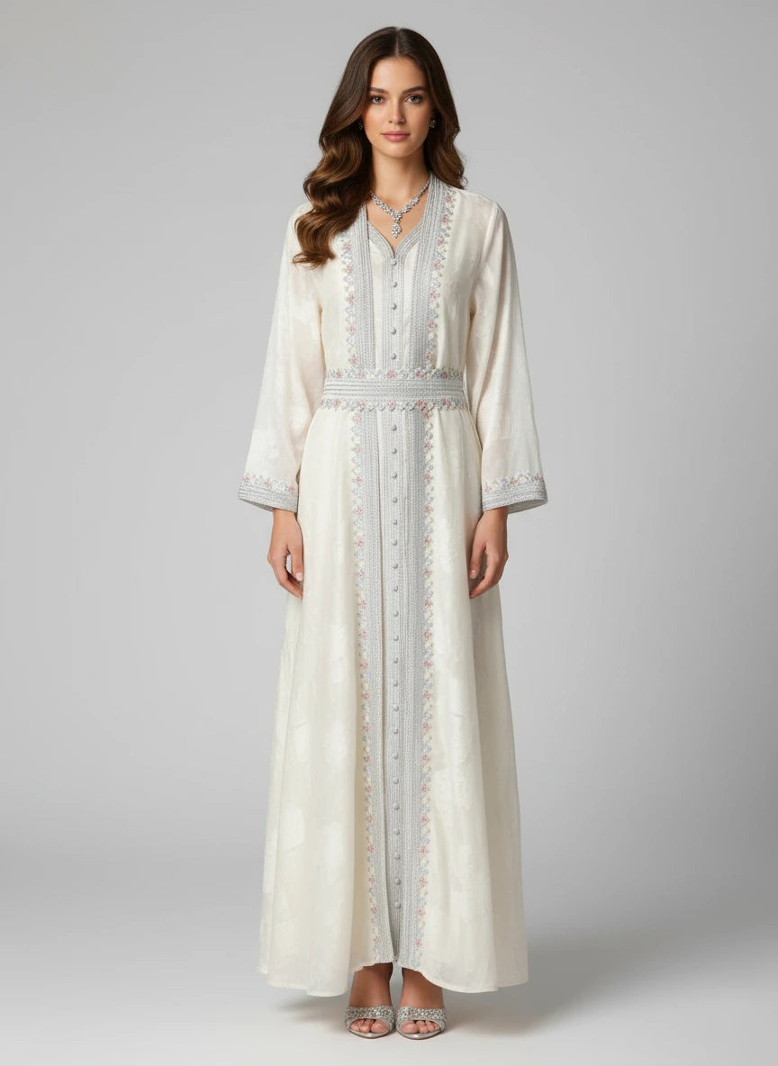 Woman wearing a long, elegant white dress with intricate detailing on a gray background