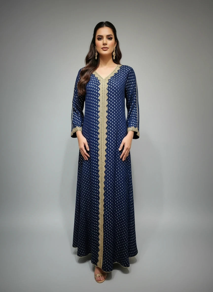 Navy blue dress with gold detailing on a mannequin against a white paneled wall.