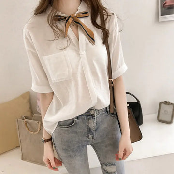 Loose Short Sleeve Striped Shirt with Tie for Women