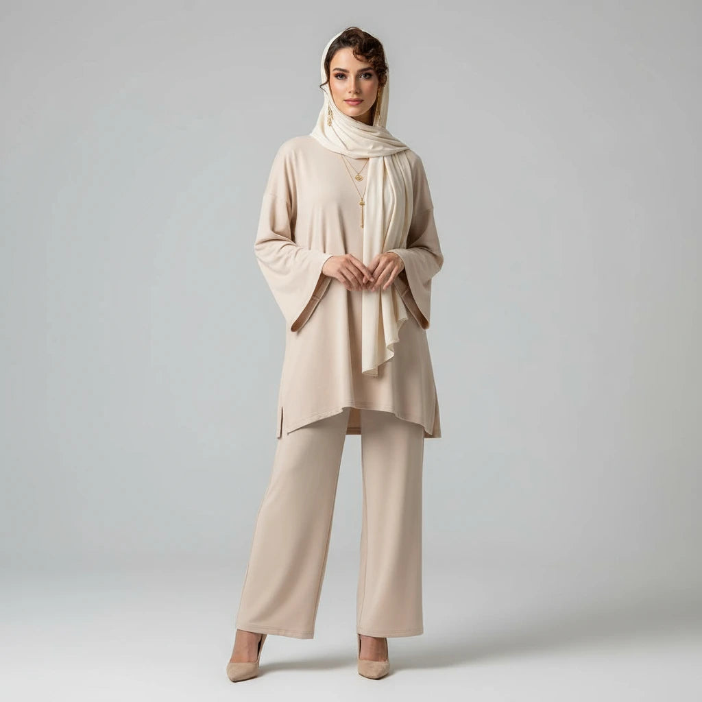 Woman wearing a beige outfit with a hijab on a gray background