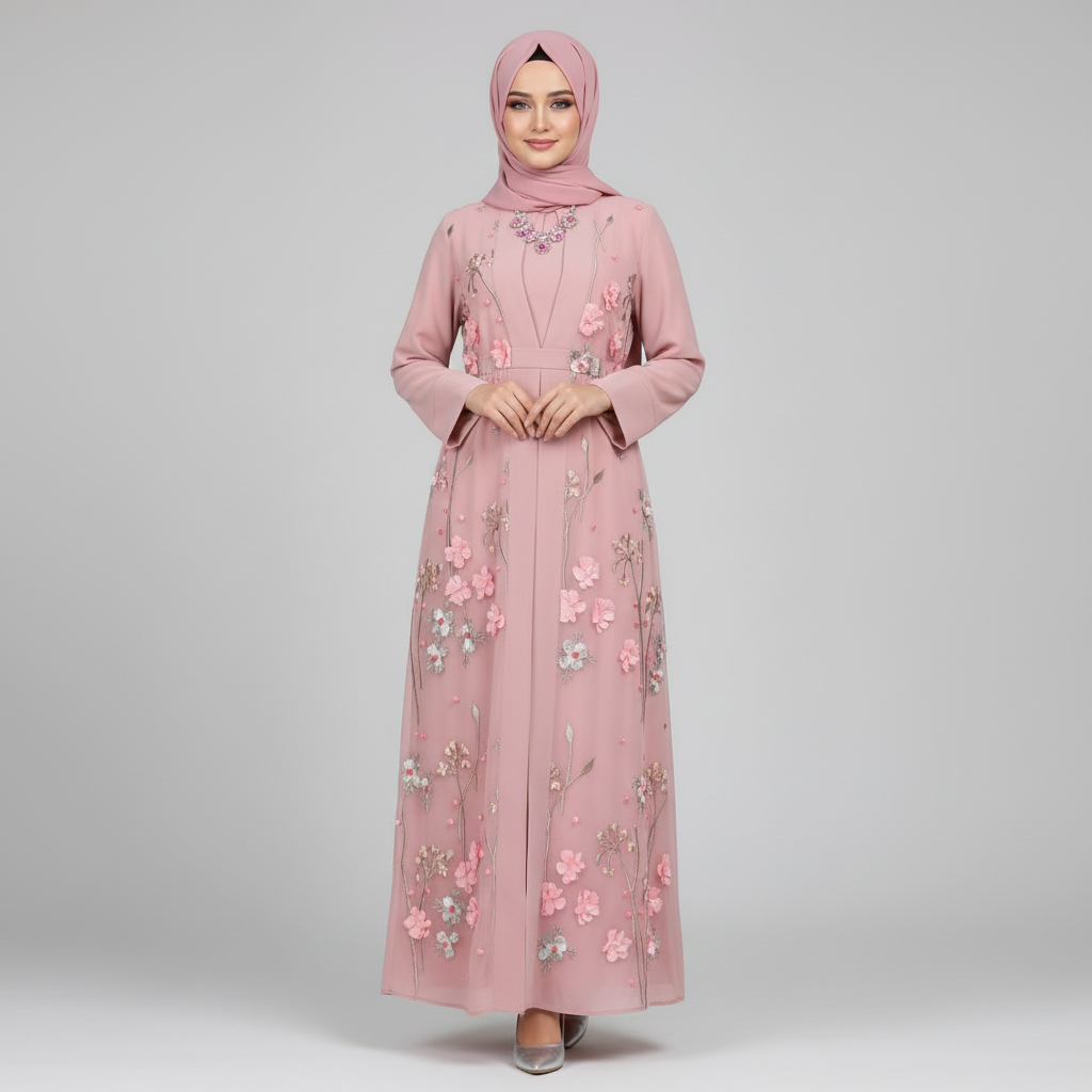 Three women wearing floral abayas in different colors.