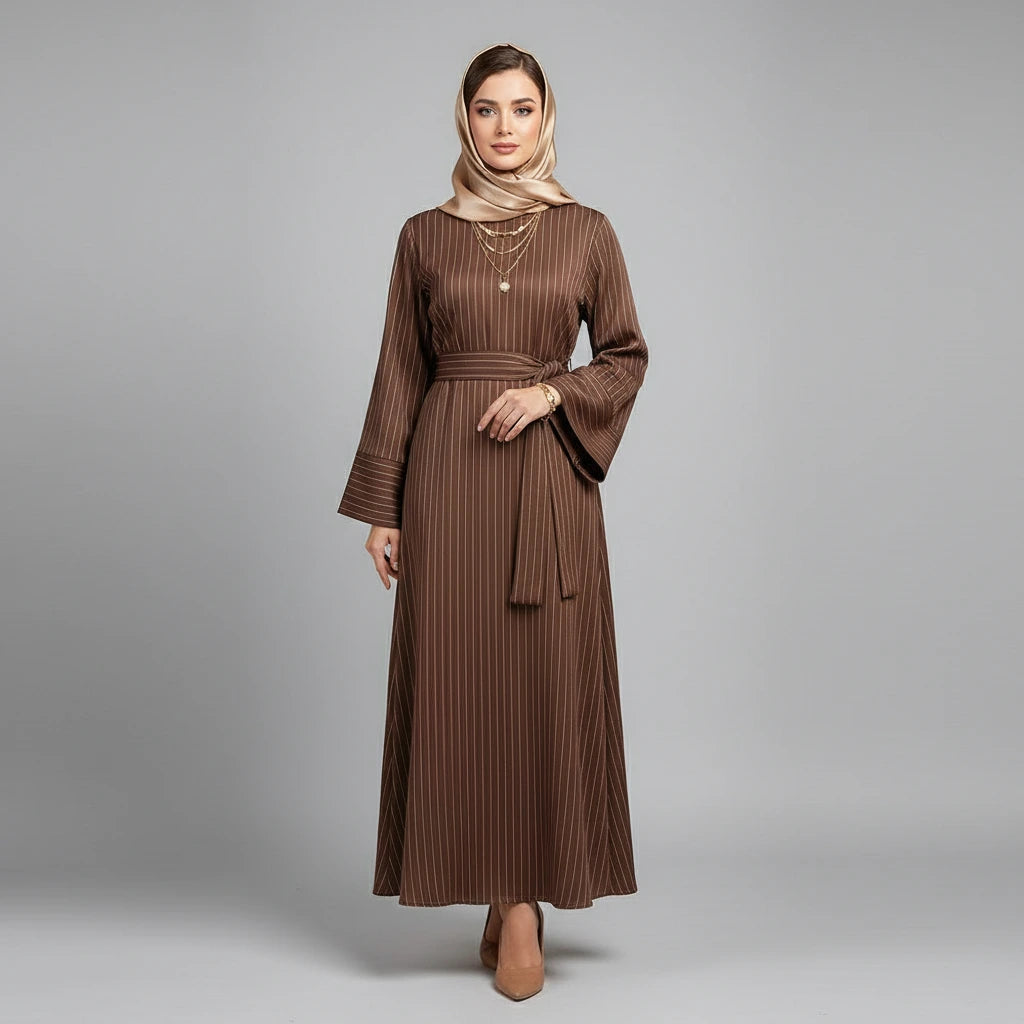 Woman wearing a brown dress with long sleeves on a gray background