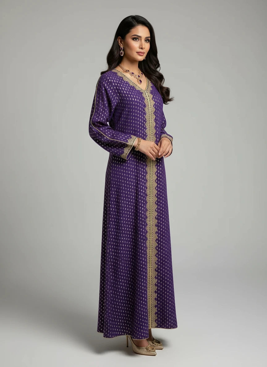 Purple dress with gold patterns on a mannequin against a white paneled wall.