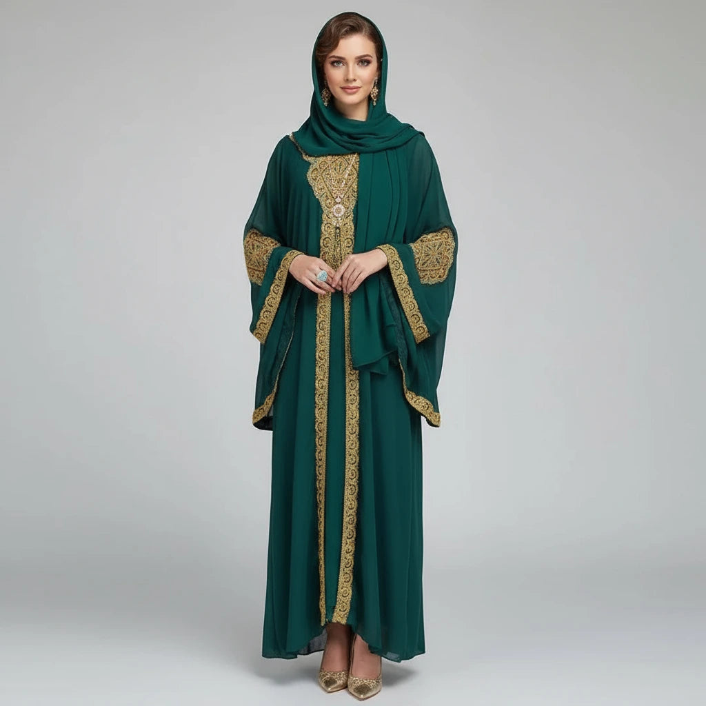 Woman wearing a green abaya with gold embroidery on a gray background