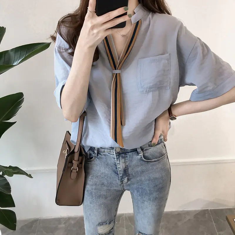 Loose Short Sleeve Striped Shirt with Tie for Women