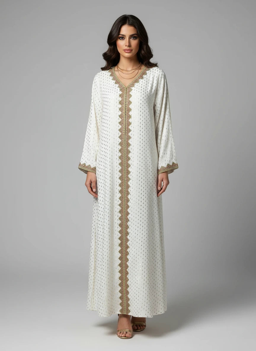 Long white dress with gold embroidery on a mannequin against a gray wall.