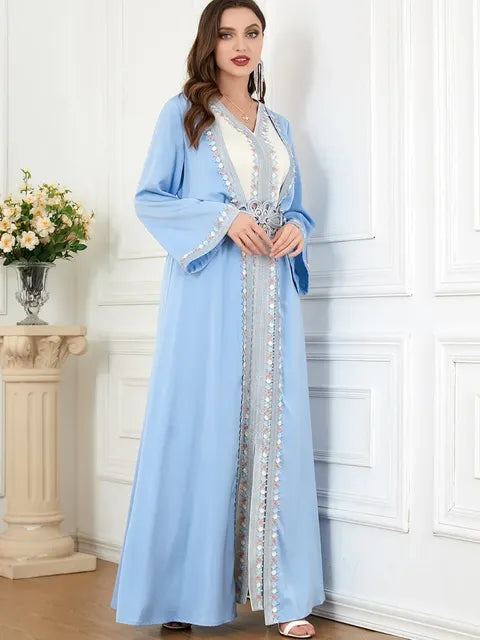 Morocco Muslim Abaya Dress 2 Piece Set with Embroidery