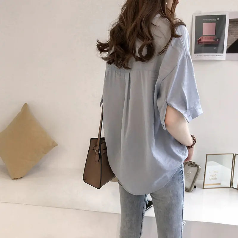 Loose Short Sleeve Striped Shirt with Tie for Women