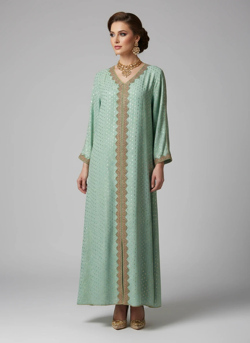 Green dress with gold embroidery on a mannequin against a white paneled wall.