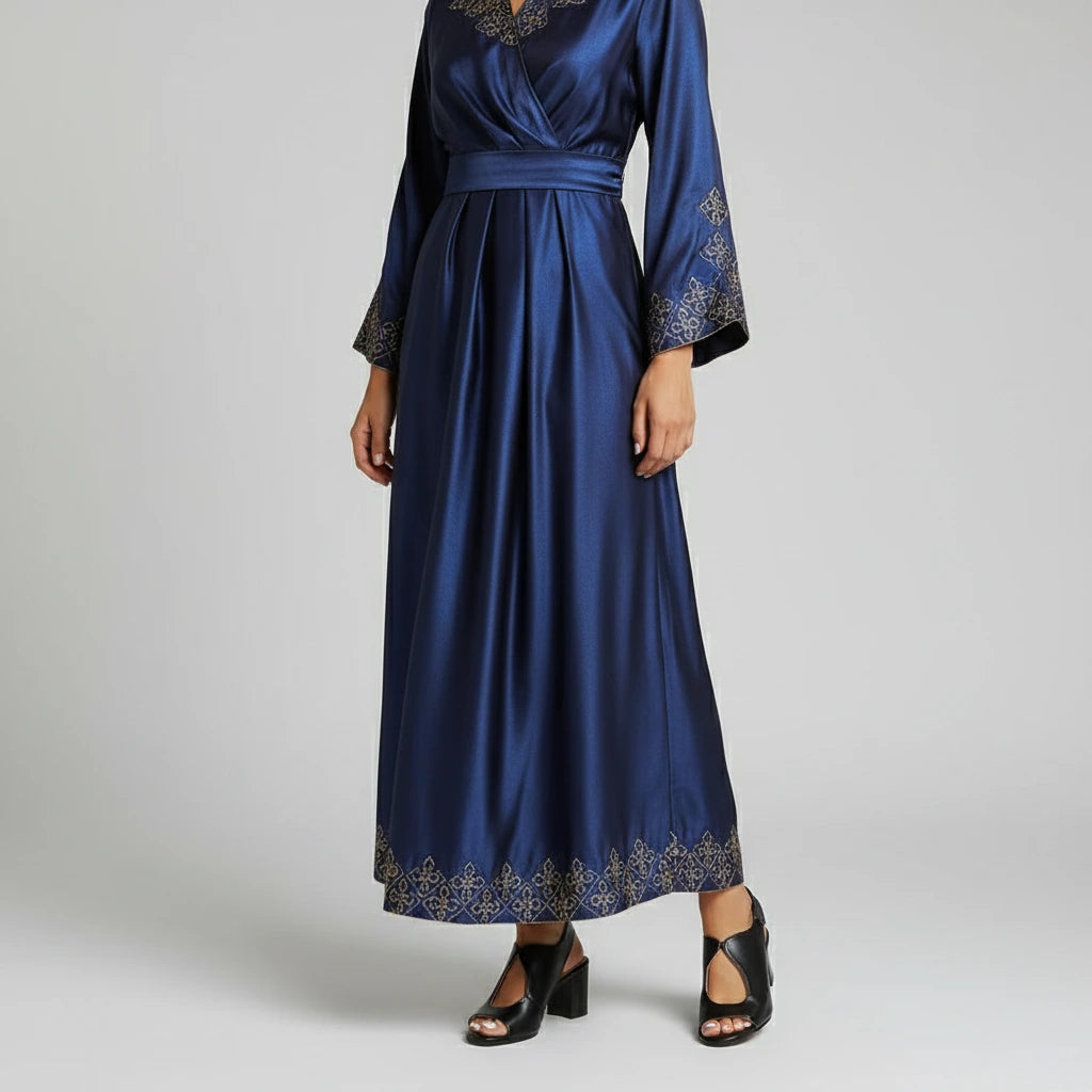 Black open-toe shoes worn with light blue jeans on a wooden floor.