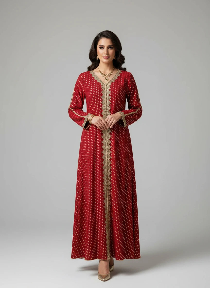 Red dress with gold detailing on a mannequin against a white paneled wall.