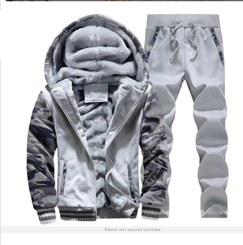Autumn Winter Fleece Set, Casual Men's Hoodie and Jacket