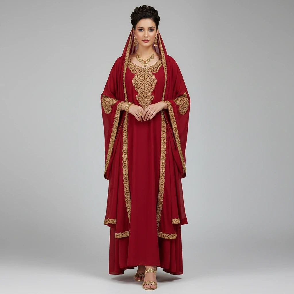 Woman wearing a red dress with gold embroidery on a gray background