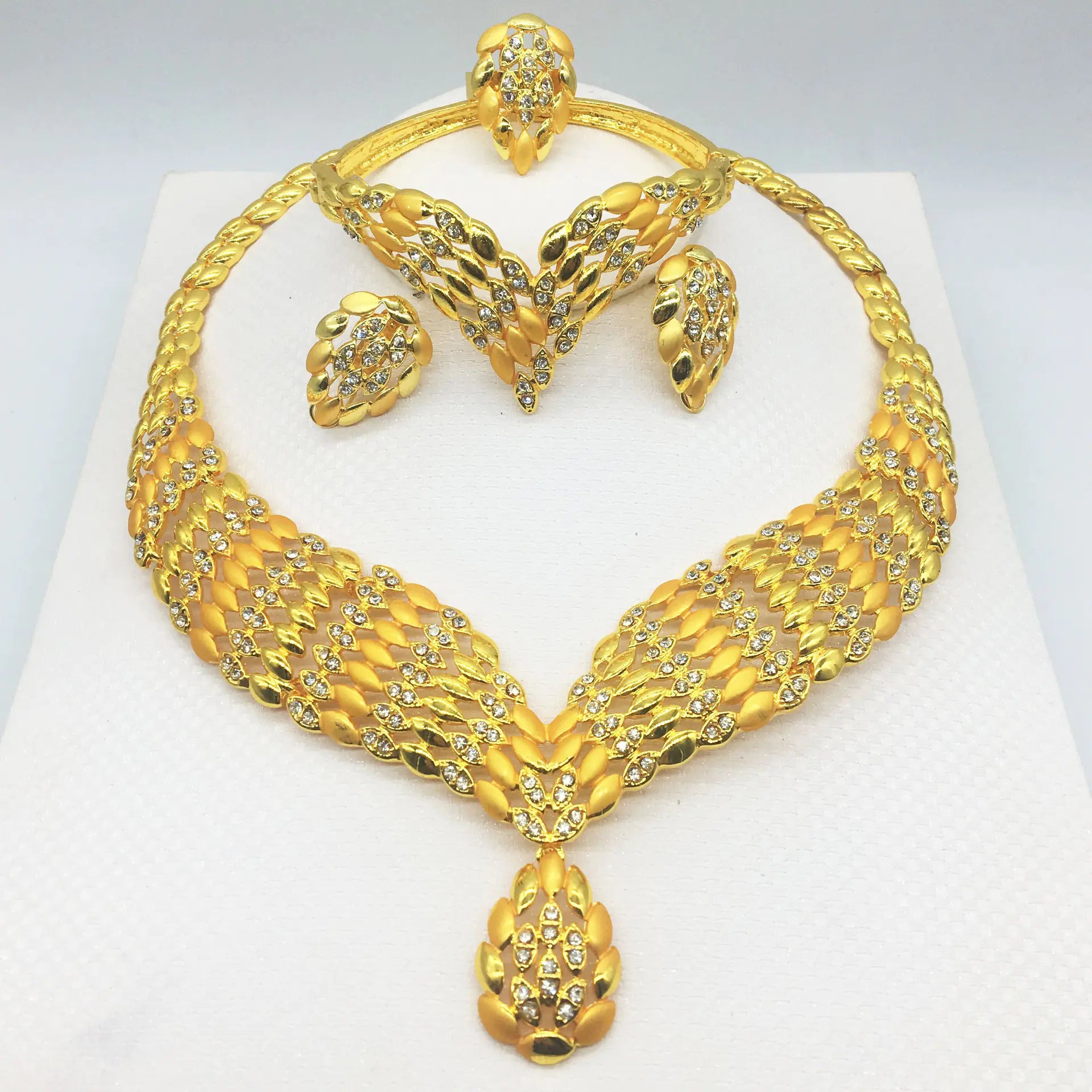 24K Gold-Plated Jewelry Set: Necklace, Bracelet, Ring, Earrings