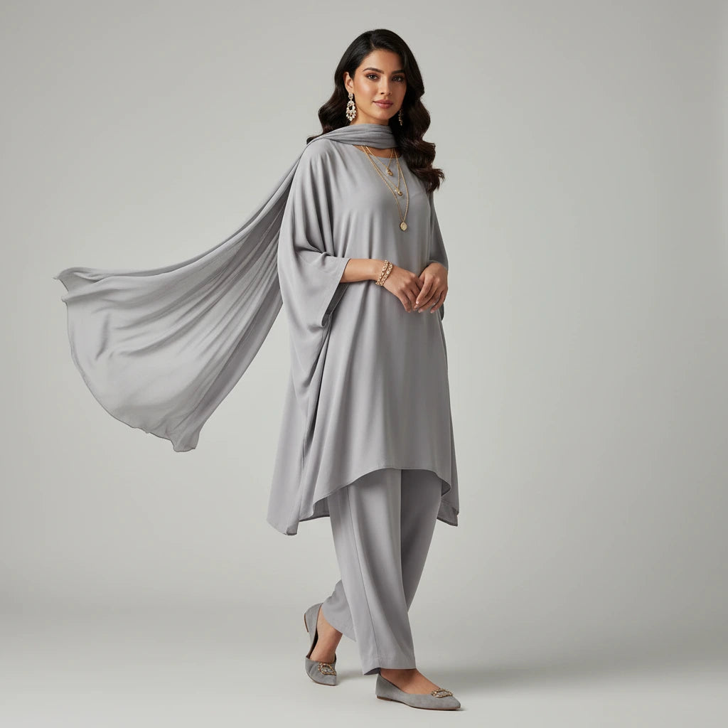 Woman wearing a gray outfit with a flowing fabric on a plain background