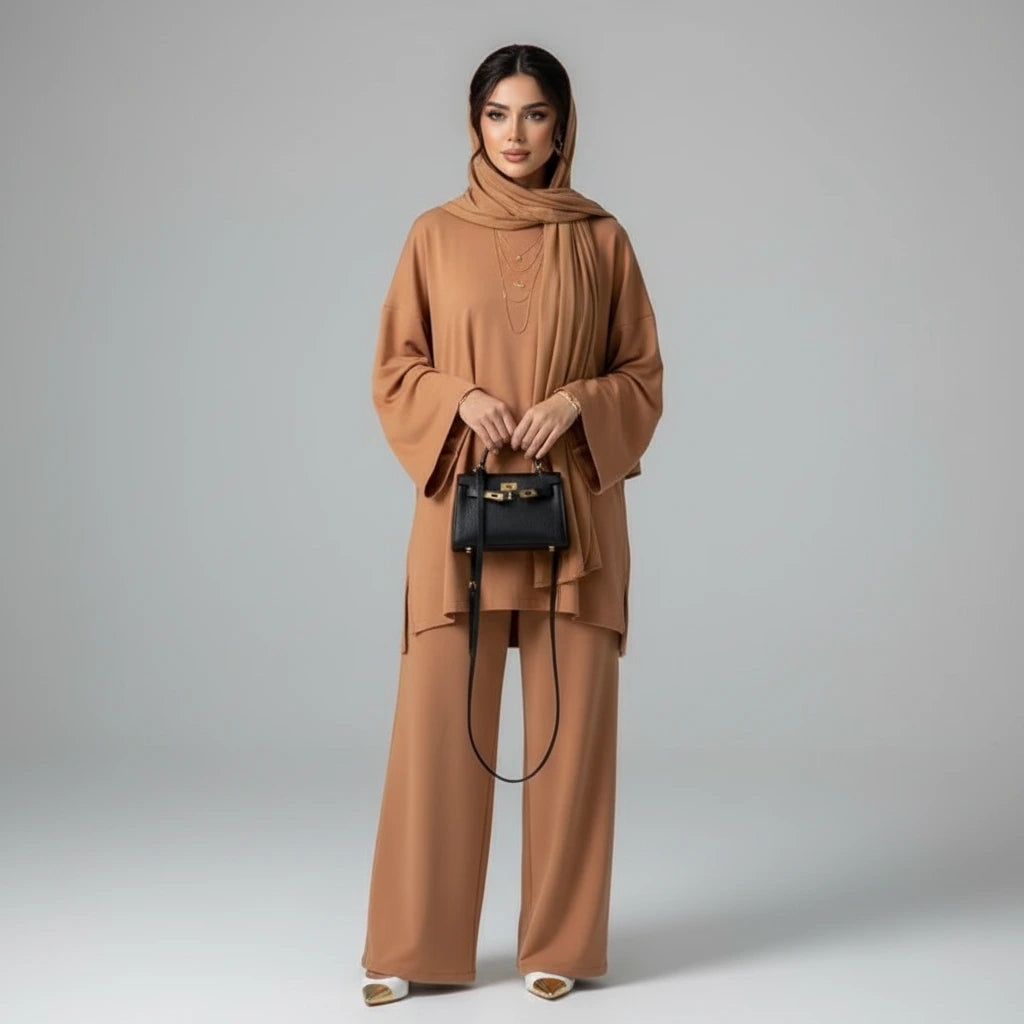 woman wearing a brown outfit with a matching handbag in a minimalistic room.