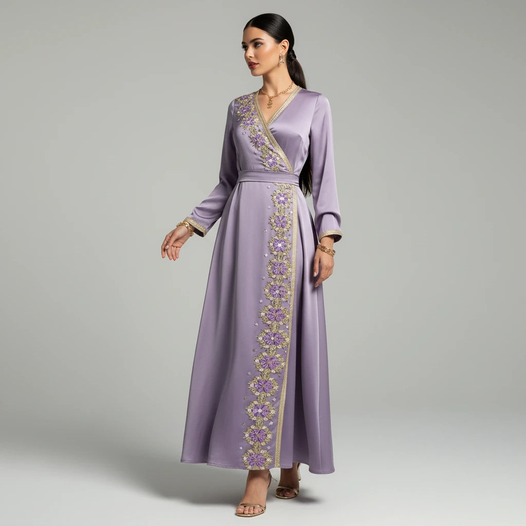 Woman wearing a long, embroidered lilac dress on a gray background