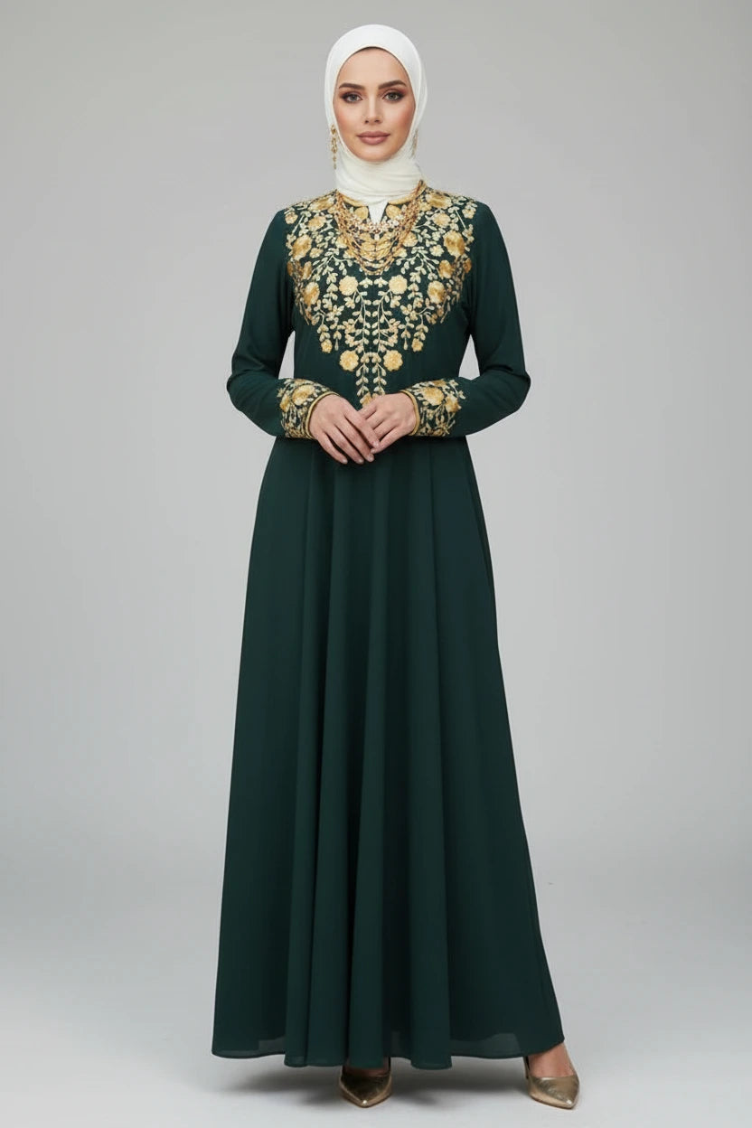 Woman wearing a dark green dress with gold embroidery in an outdoor setting.