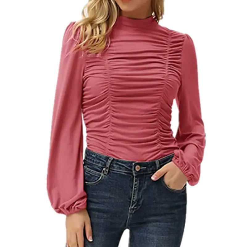 Solid Color Long Sleeve High Neck T-shirt for Women