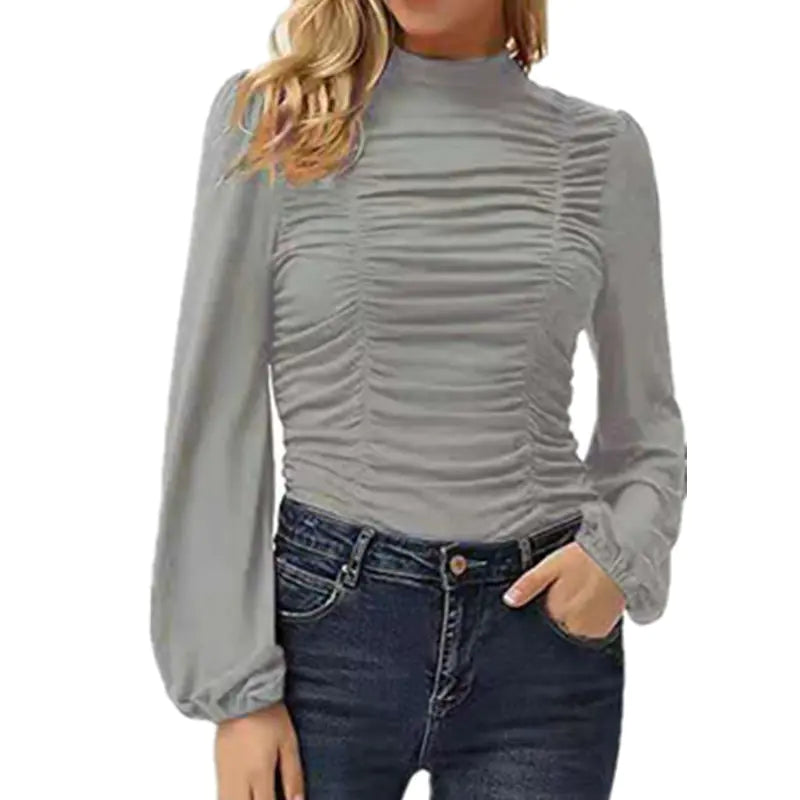 Solid Color Long Sleeve High Neck T-shirt for Women