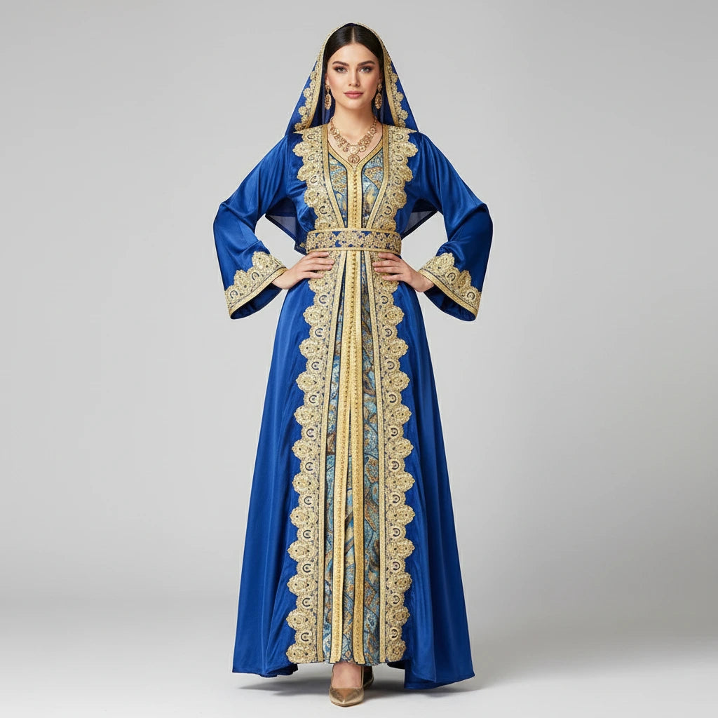 Woman wearing a blue and gold embroidered dress on a gray background