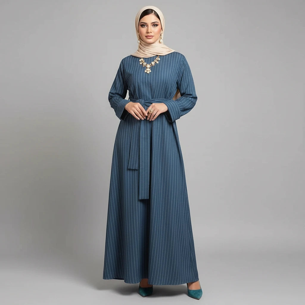 Woman wearing a blue dress with a hijab on a gray background
